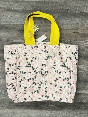 Floral Daisy Canvas Tote Bag with Yellow Handles